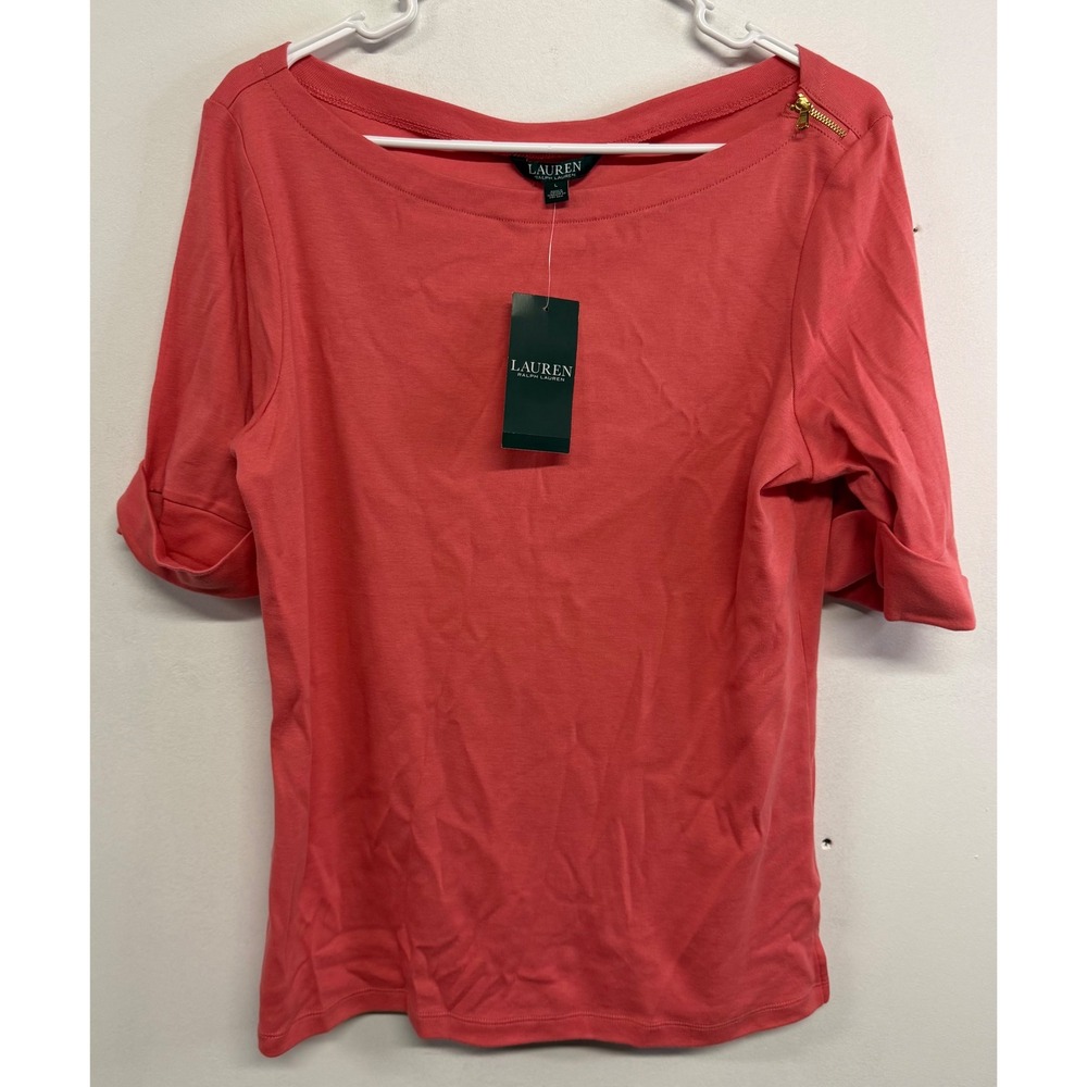 Lauren Ralph Lauren Pink Boatneck Shoulder Zip Cuffed Sleeve Top Large NWT